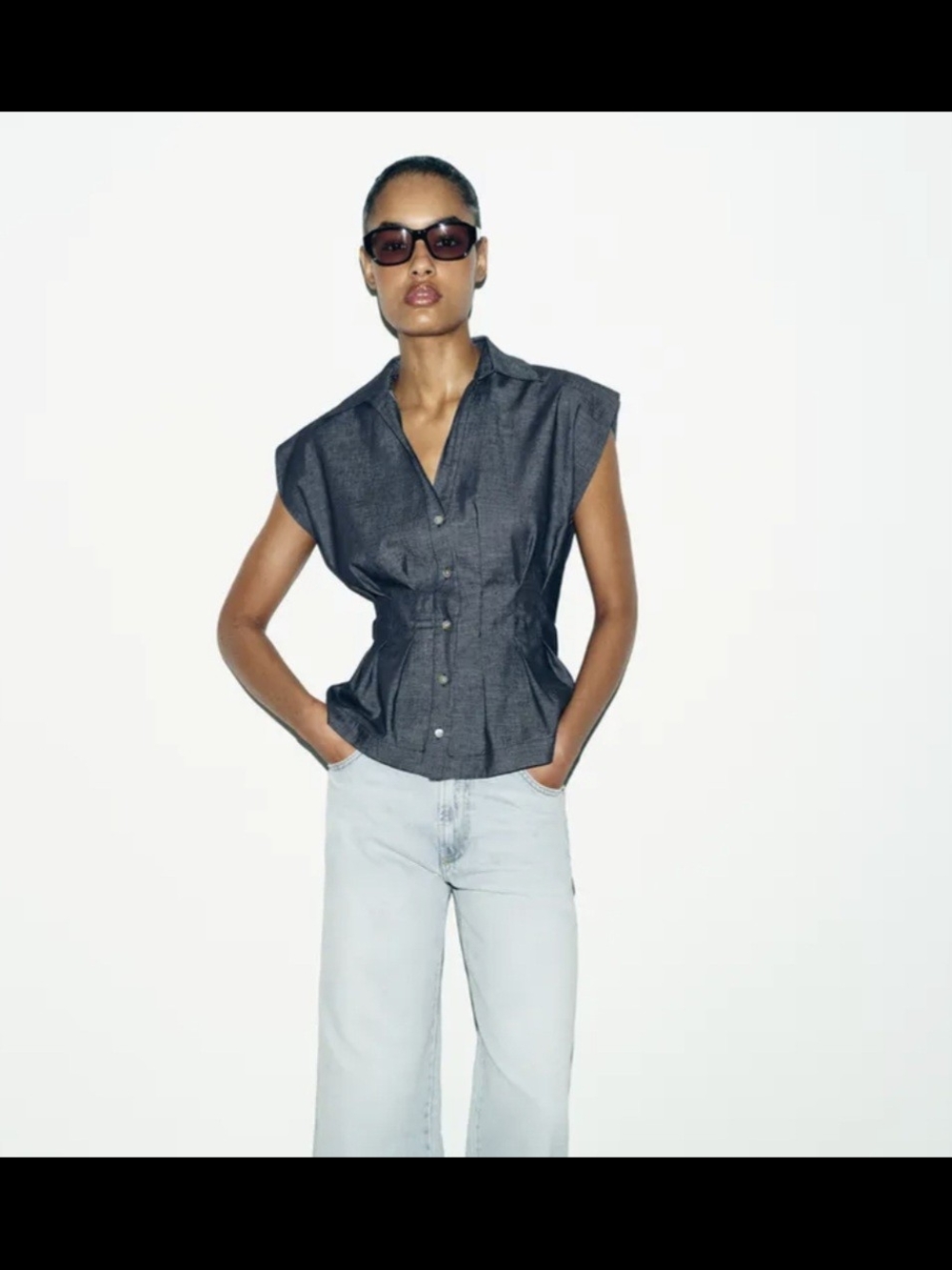 Zara Dark Gray Structured Cap-Sleeve Button-Front Blouse
